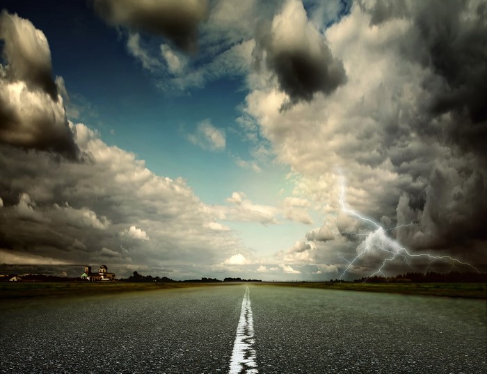 Road with Lightning Storm and Church