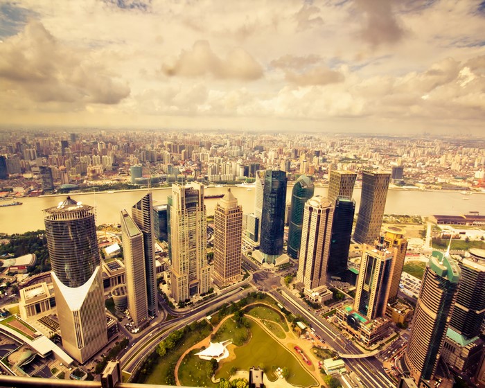 Shanghai skyscrapers and river from above