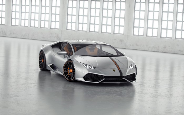 Silver Lamborghini Huracan LP850-4 Lucifero with racing stripes
