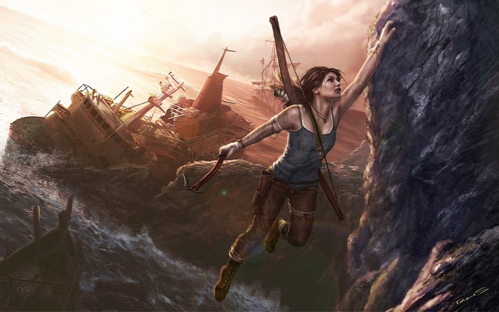 Lara Croft from Tomb Raider climbing a rock
