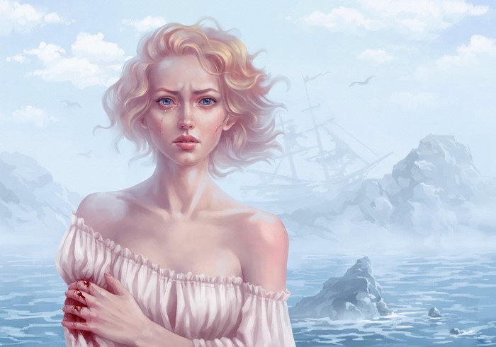 Painting of a crying woman with bloody hands near a shipwreck
