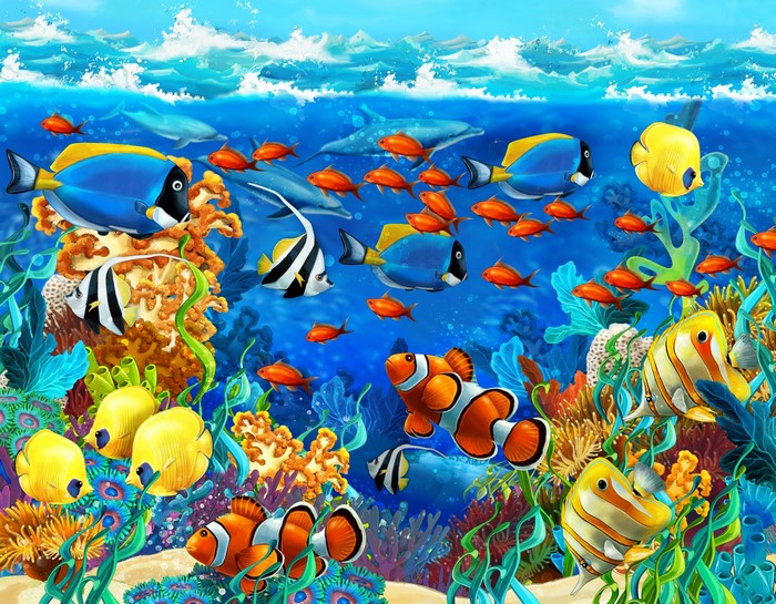 Underwater world with fish and dolphins