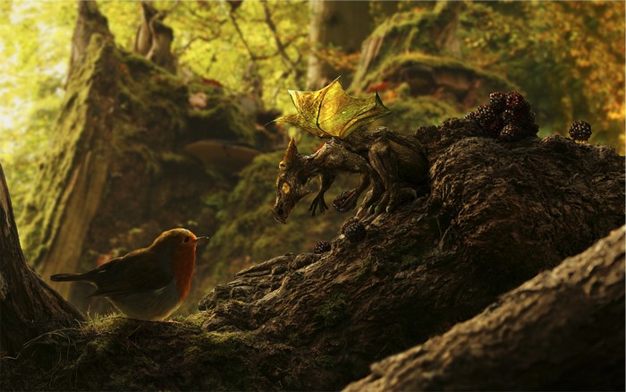 Dragon and Robin in a Mossy Forest