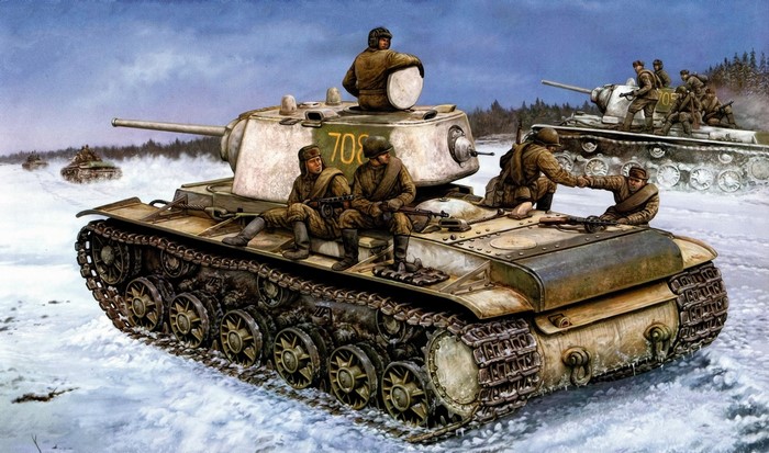 KV-1 Tanks and Soldiers in a Snowy Landscape Painting