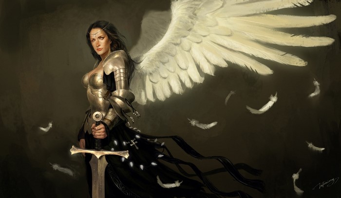 Angel warrior with sword and wings