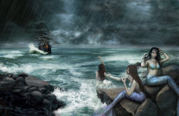 Three Mermaids and a Ship in a Stormy Sea