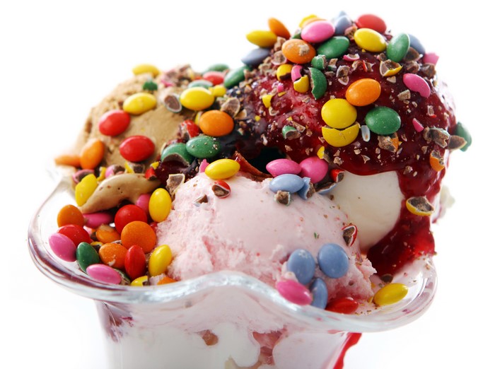 Ice cream sundae with candy and toppings