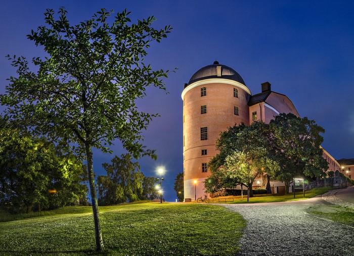 Uppsala Castle at night with trees and street lights