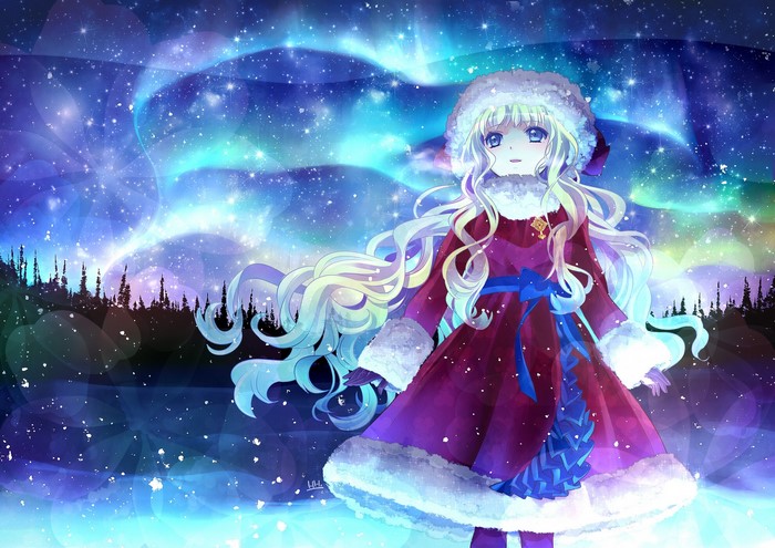 Girl in winter hat under aurora