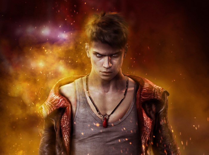 Dante from Devil May Cry with fiery background