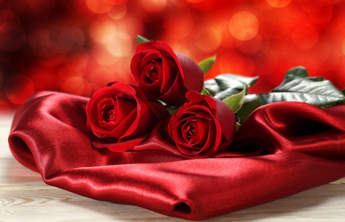 Three red roses on red satin