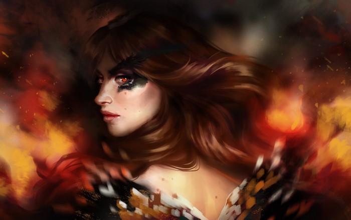 4K Brown haired woman with fiery wings