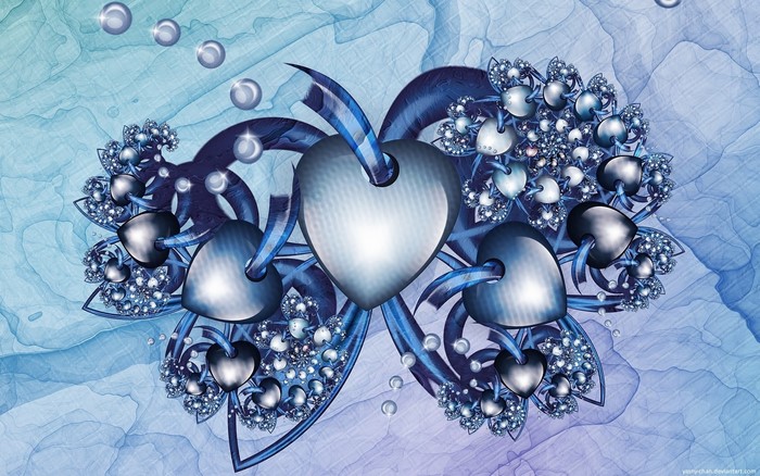 Abstract fractal hearts with blue ribbons and bubbles