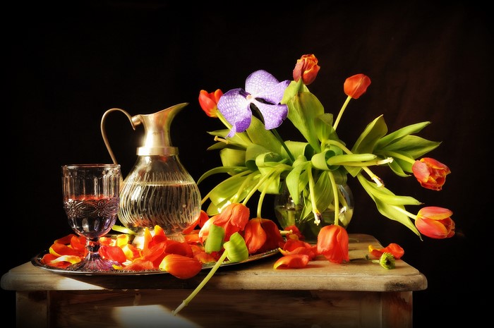 Still-life with tulips, orchid, and jug