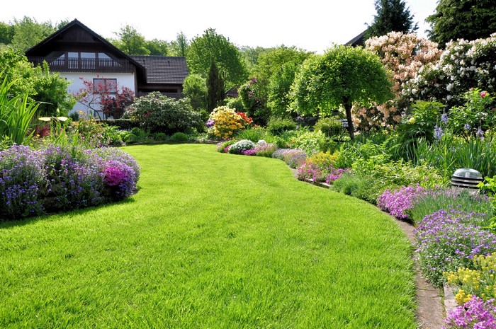 Beautiful garden with a house and blooming flowers