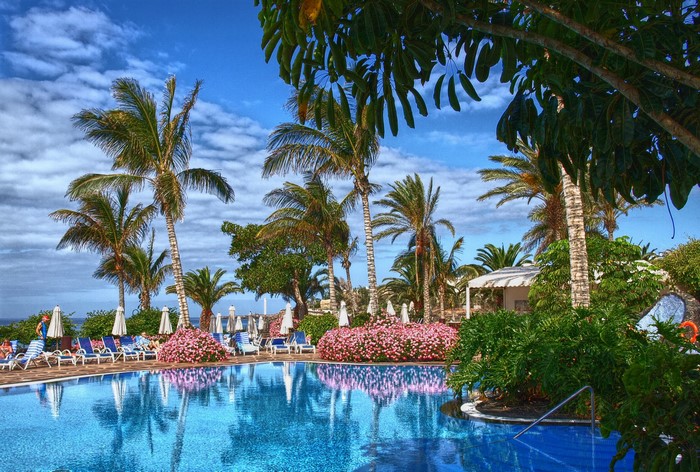 Resort pool with palm trees and flowers in Canary Islands
