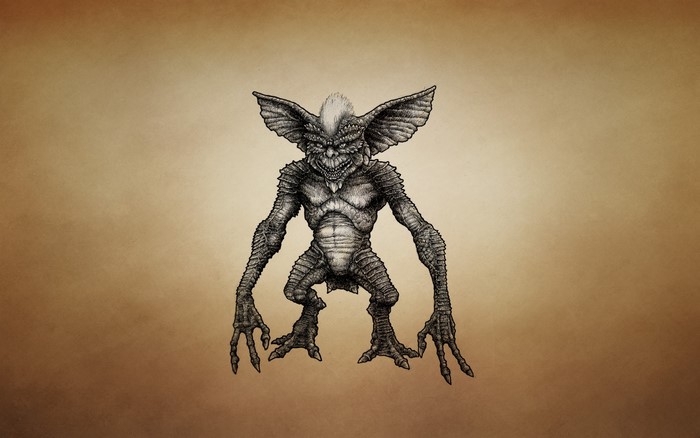 Gremlins monster drawing on brown background