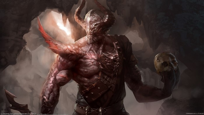 Demon holding a skull in a cave