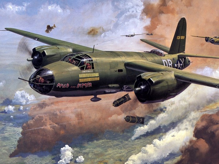Douglas A-20 Havoc bomber dropping bombs