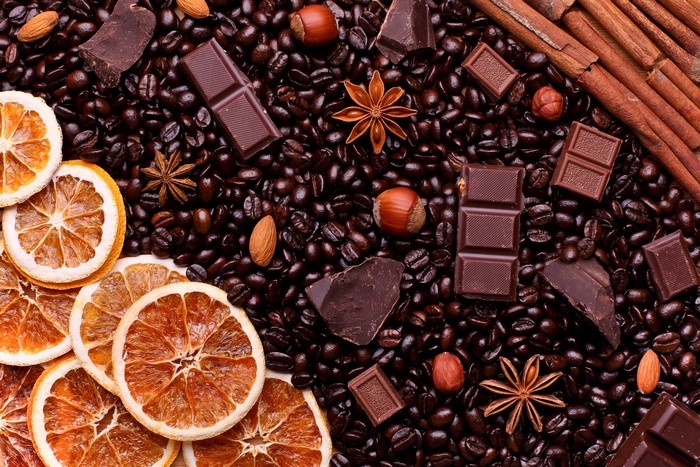 Chocolate, Coffee Beans, Dried Orange Slices, Nuts, and Spices