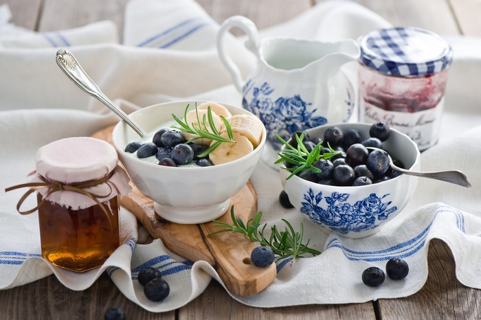 Blueberries, Honey, Jam, and Yogurt Breakfast