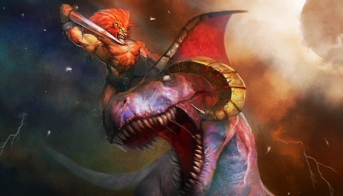 Lion-headed warrior riding a dragon