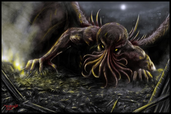Cthulhu monster emerging from dark terrain
