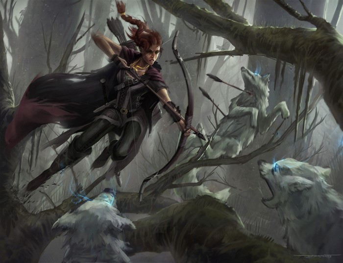 Archer fighting wolves in a forest