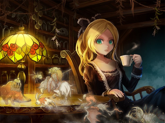 Girl drinking tea with magical creatures