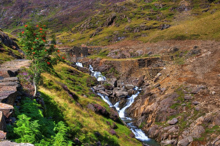 Waterfall in a rocky mountain landscape in Snowdonia, UK