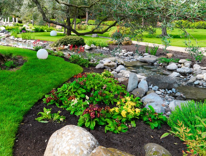 Park with stream, primula flowers, and lawn