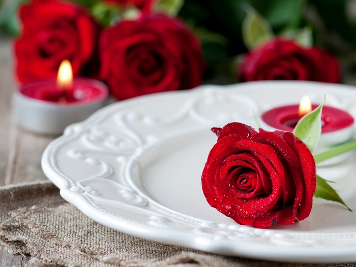 Red Roses and Candles on a Plate