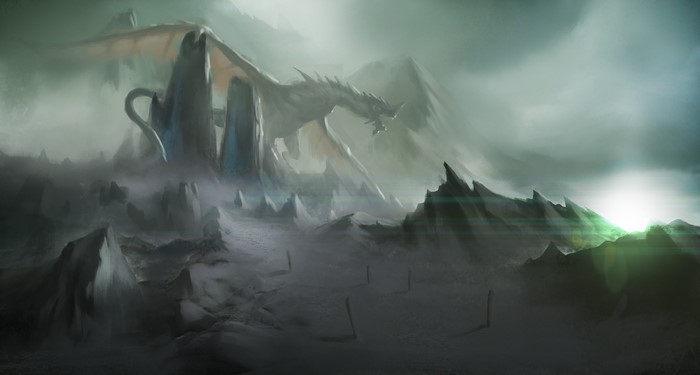 Dragon in a misty, rocky landscape with ancient stones
