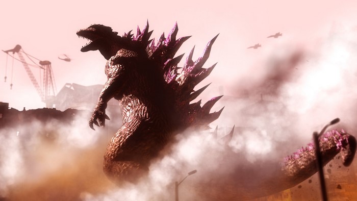 Godzilla in a destroyed city with military aircraft