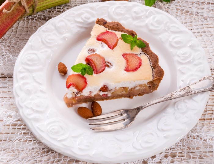 Slice of Rhubarb Almond Tart on a Plate