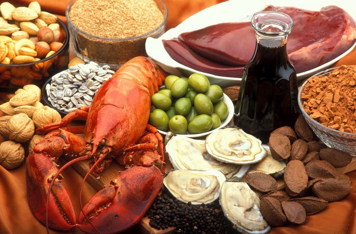 Still life of seafood, nuts, and spices
