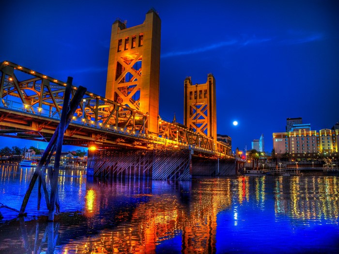 Tower Bridge at Night over Sacramento River, California