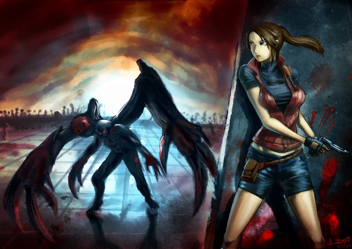 Claire Redfield from Resident Evil fighting a monster