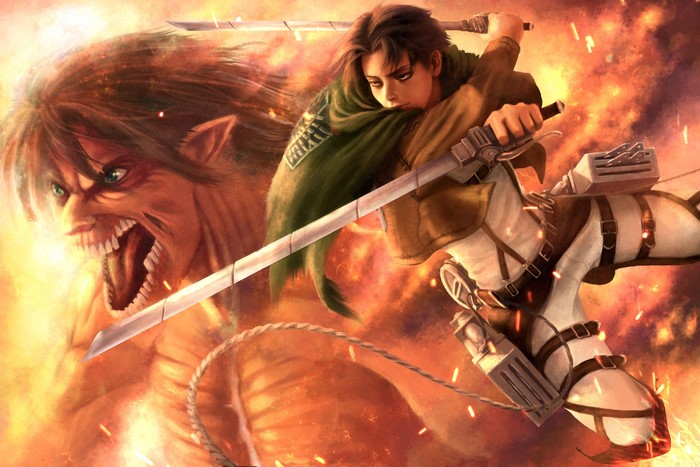 Eren Yeager and a Titan from Attack on Titan