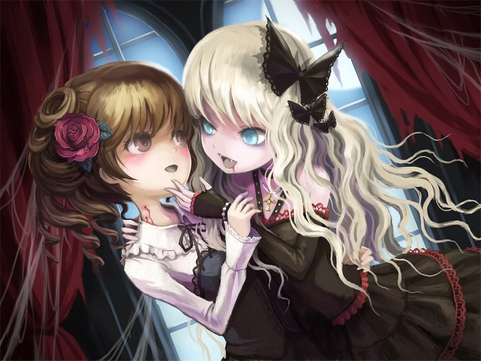 Two girls, one a vampire, in a dark room
