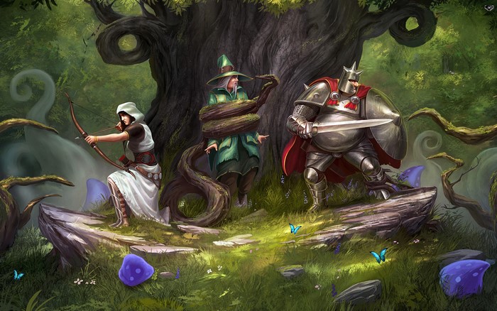 Characters from Trine in a forest setting