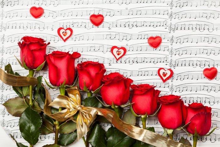 Red Roses with Hearts on Sheet Music