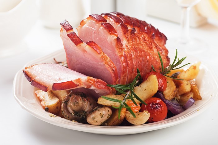 Roasted Ham with Roasted Vegetables and Mushrooms