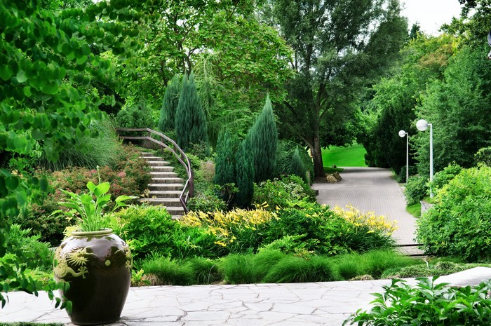 A park with stone stairs and a paved path