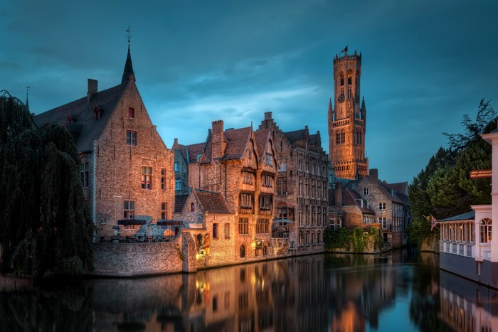 Bruges Canal at Night with Belfry Tower