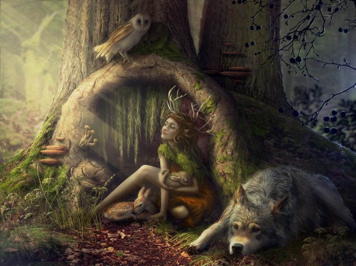 Forest nymph with wolf and fawn under a tree