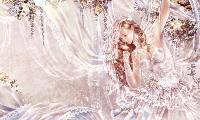 Painting of a bride in a white dress with blonde hair