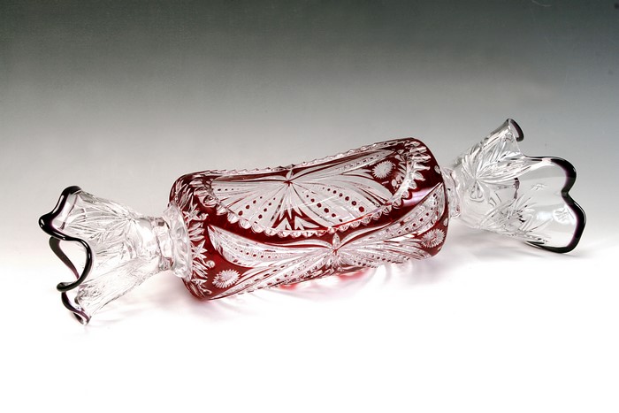 Cut glass candy dish with red overlay
