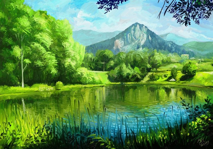 Painting of a mountain landscape with a lake