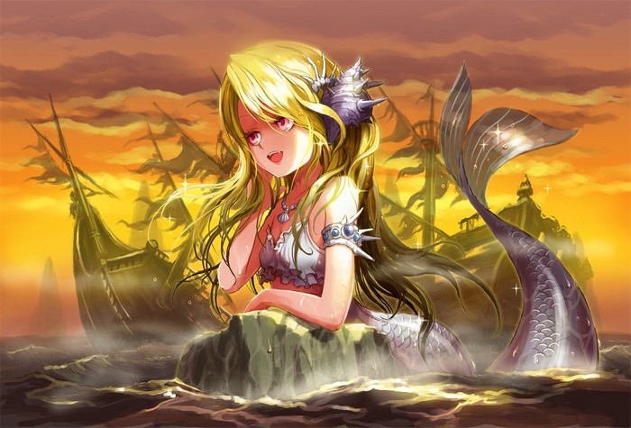 Mermaid with blonde hair and ships in the background